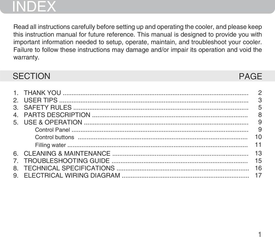 Failure to follow these instructions may damage and/or impair its operation and void the warranty. SECTION PAGE 1. THANK YOU... 2. USER TIPS... 3. SAFETY RULES... 4.