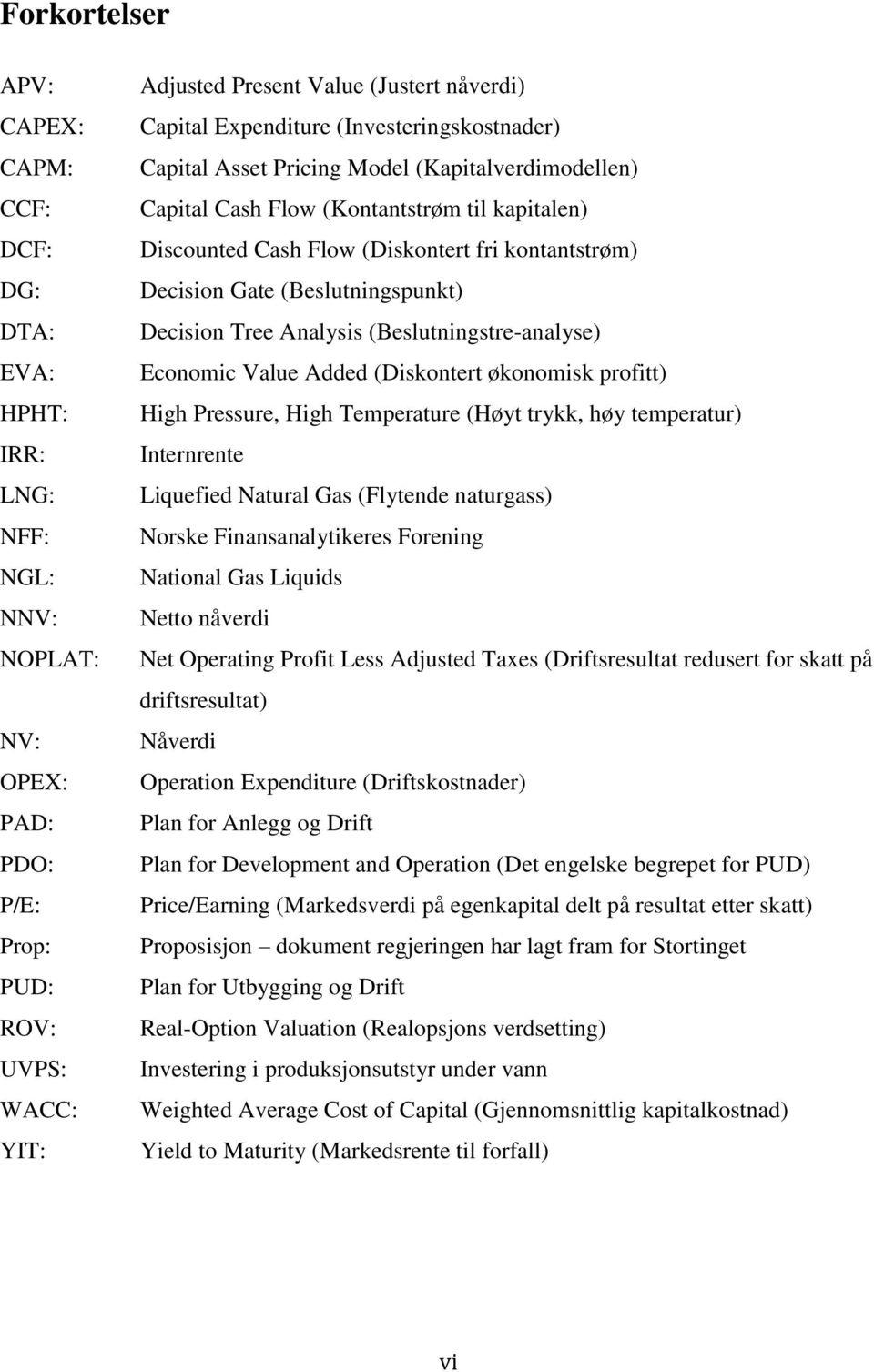 Decision Gate (Beslutningspunkt) Decision Tree Analysis (Beslutningstre-analyse) Economic Value Added (Diskontert økonomisk profitt) High Pressure, High Temperature (Høyt trykk, høy temperatur)