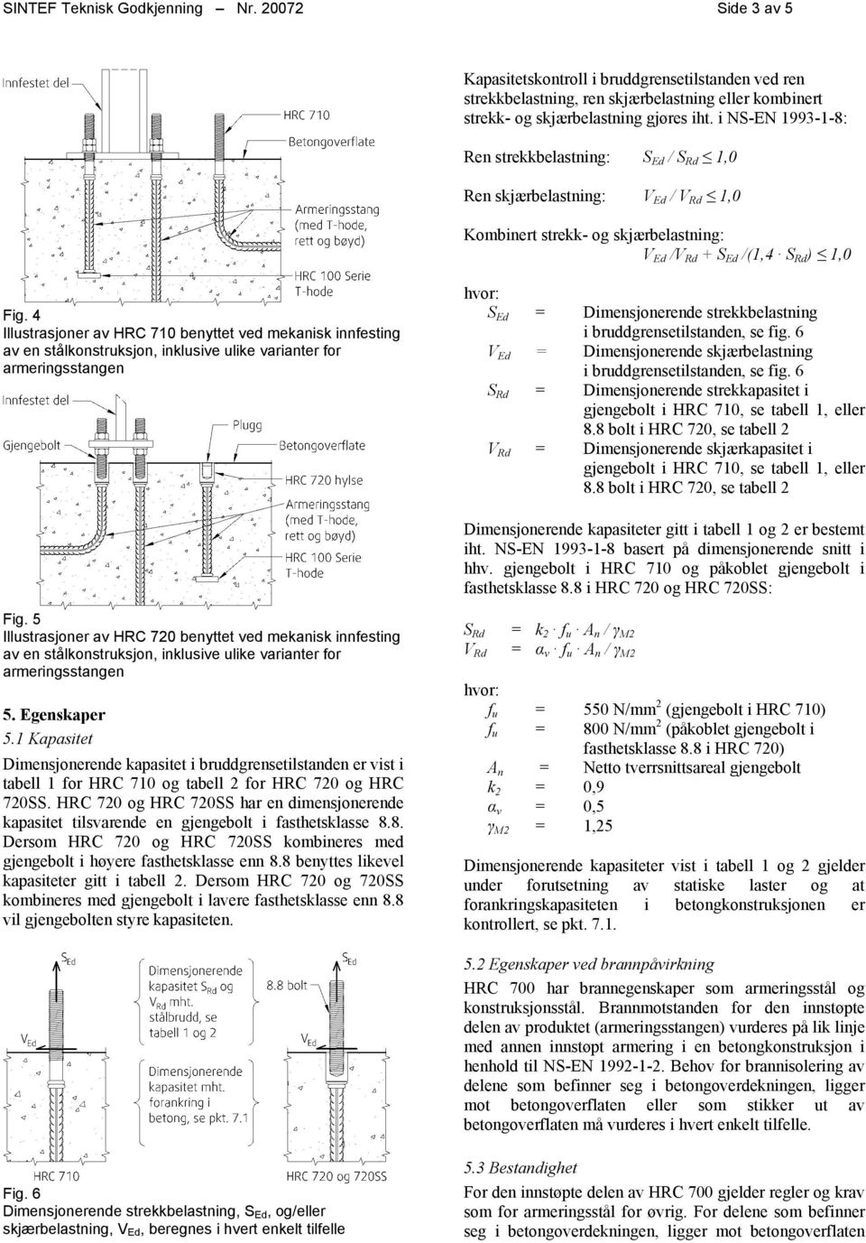 4 Illustrasjoner av HRC 710 benyttet ved mekanisk innfesting av en stålkonstruksjon, inklusive ulike varianter for armeringsstangen hvor: S Ed = Dimensjonerende strekkbelastning i