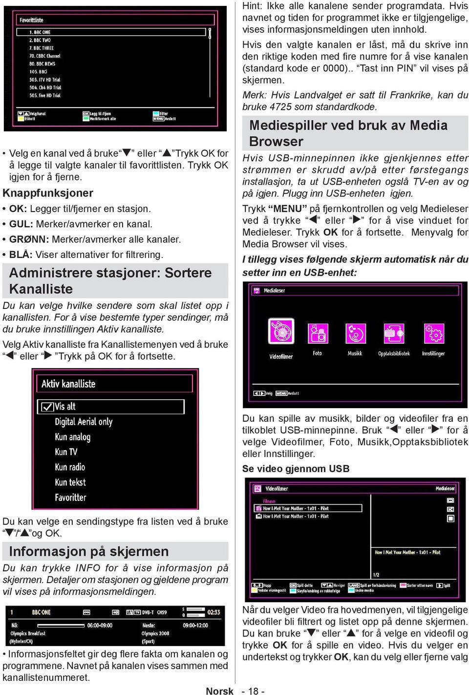 Administrere stasjoner: Sortere Kanalliste Du kan velge hvilke sendere som skal listet opp i kanallisten. For å vise bestemte typer sendinger, må du bruke innstillingen Aktiv kanalliste.