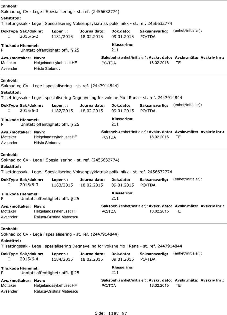 01.2015 TE Hristo Stefanov /5-3 1183/2015 09.01.2015 TE Raluca-Cristina Mateescu nnhold: Søknad og CV - Lege i spesialisering - st. ref.