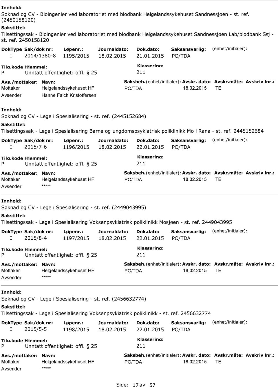 ref. (2445152684) Tilsettingssak - Lege i Spesialisering Barne og ungdomspsykiatrisk poliklinikk Mo i Rana - st. ref. 2445152684 2015/7-6 1196/2015 22.01.2015 TE ***** nnhold: Søknad og CV - Lege i Spesialisering - st.