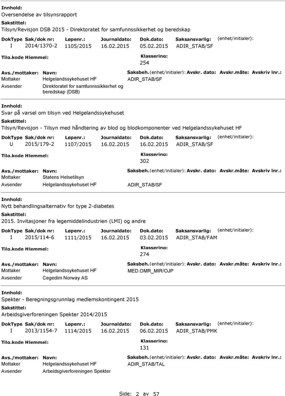 2015 ADR_STAB/SF 254 ADR_STAB/SF Direktoratet for samfunnssikkerhet og beredskap (DSB) nnhold: Svar på varsel om tilsyn ved Helgelandssykehuset Tilsyn/Revisjon - Tilsyn med håndtering av blod og