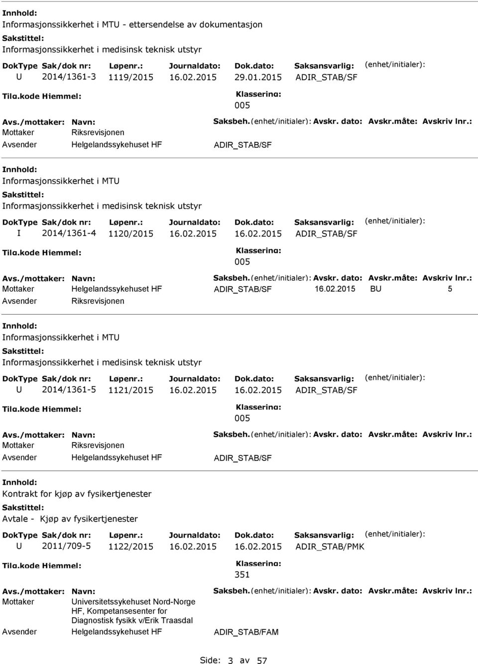 16.02.2015 29.01.2015 ADR_STAB/SF 005 Mottaker Riksrevisjonen Helgelandssykehuset HF ADR_STAB/SF nnhold: nformasjonssikkerhet i MT nformasjonssikkerhet i medisinsk teknisk utstyr 2014/1361-4 1120/2015 16.