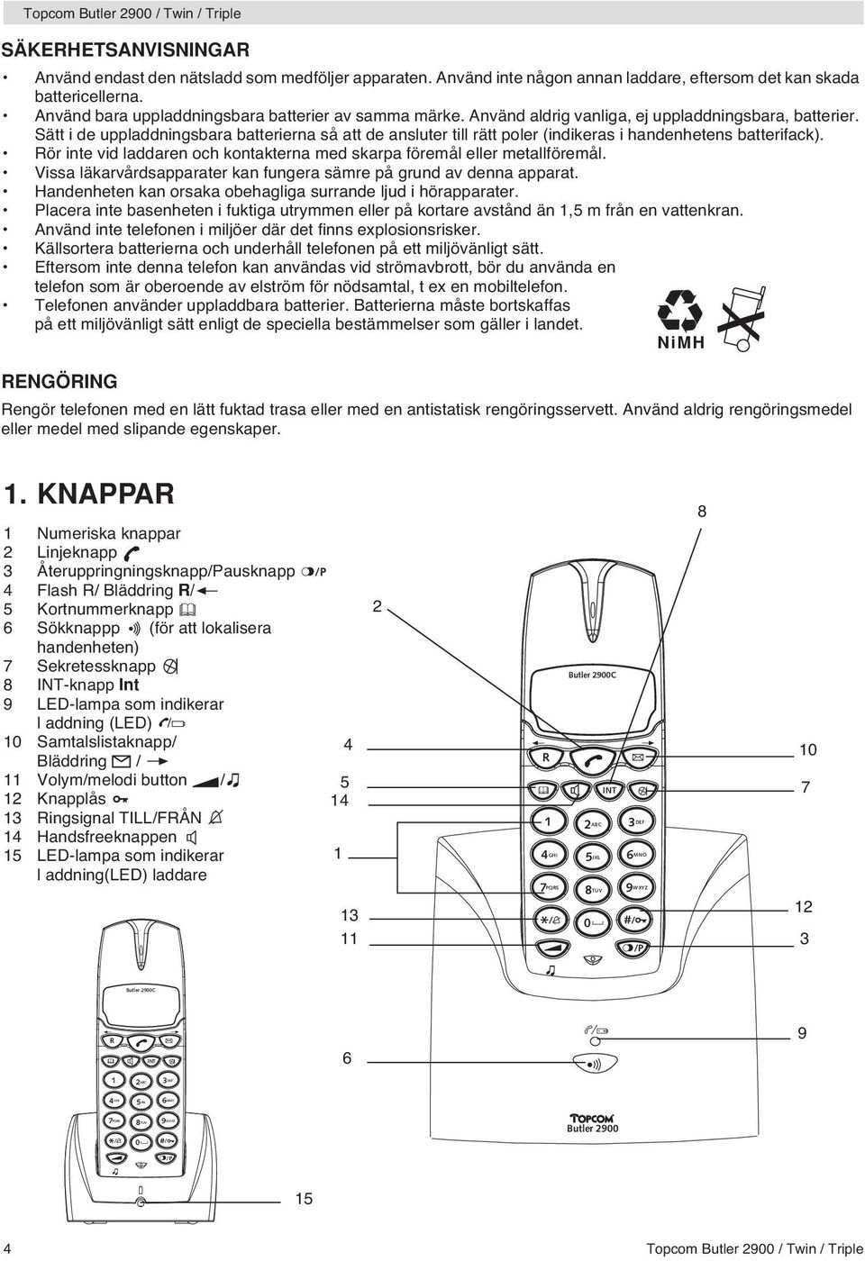 Sätt i de uppladdningsbara batterierna så att de ansluter till rätt poler (indikeras i handenhetens batterifack). Rör inte vid laddaren och kontakterna med skarpa föremål eller metallföremål.