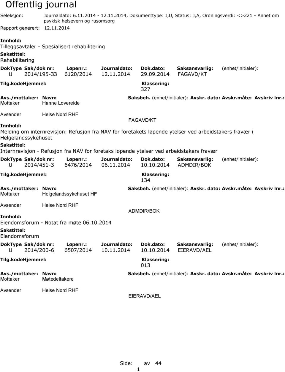 2014-12.11.2014, Dokumenttype: I,U, Status: J,A, Ordningsverdi: <>221 - Annet om psykisk helsevern og rusomsorg Tilleggsavtaler - Spesialisert rehabilitering Rehabilitering U 2014/195-33 6120/2014 12.