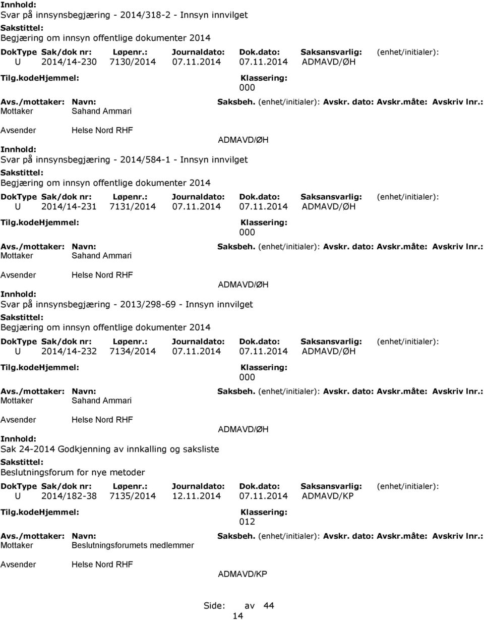 11.2014 07.11.2014 Mottaker Sahand Ammari 000 Sak 24-2014 Godkjenning av innkalling og saksliste Beslutningsforum for nye metoder U 2014/182-38 7135/2014 12.11.2014 07.11.2014 ADMAVD/KP Mottaker Beslutningsforumets medlemmer 012 ADMAVD/KP 14