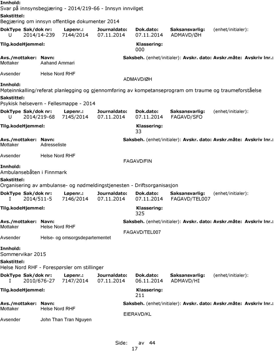 2014 Mottaker Aahand Ammari 000 Møteinnkalling/referat planlegging og gjennomføring av kompetanseprogram om traume og traumeforståelse Psykisk helsevern - Fellesmappe - 2014 U 2014/219-68