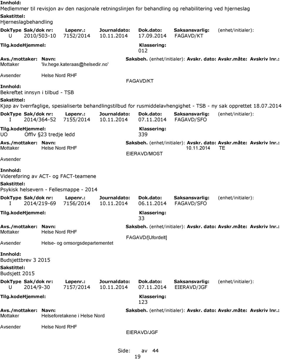 2014 I 2014/364-52 7155/2014 10.11.2014 07.11.2014 FAGAVD/SFO UO Offlv 23 tredje ledd 339 10.11.2014 TE EIERAVD/MOST Videreføring av ACT- og FACT-teamene Psykisk helsevern - Fellesmappe - 2014 I 2014/219-69 7156/2014 10.