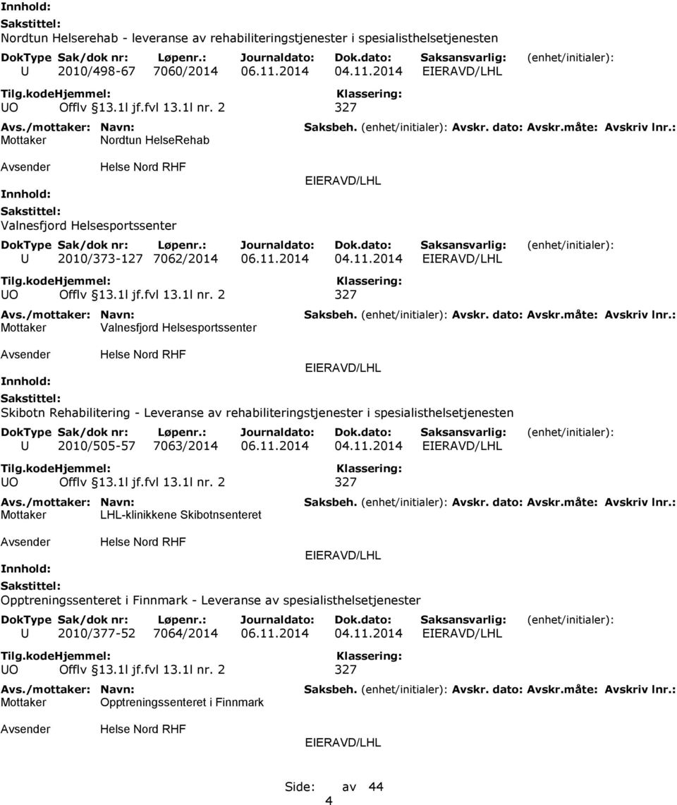 2 327 Mottaker Valnesfjord Helsesportssenter EIERAVD/LHL Skibotn Rehabilitering - Leveranse av rehabiliteringstjenester i spesialisthelsetjenesten U 2010/505-57 7063/2014 06.11.