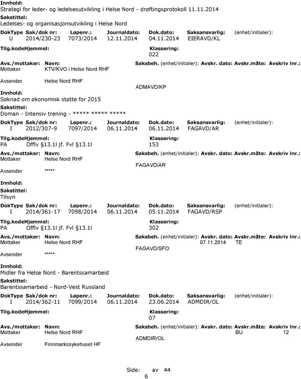 11.2014 06.11.2014 FAGAVD/AR PA Offlv 13.1l jf. Fvl 13.1l 153 ***** Tilsyn FAGAVD/AR I 2014/361-17 7098/2014 06.11.2014 05.11.2014 FAGAVD/RSP PA Offlv 13.1l jf. Fvl 13.1l 302 07.