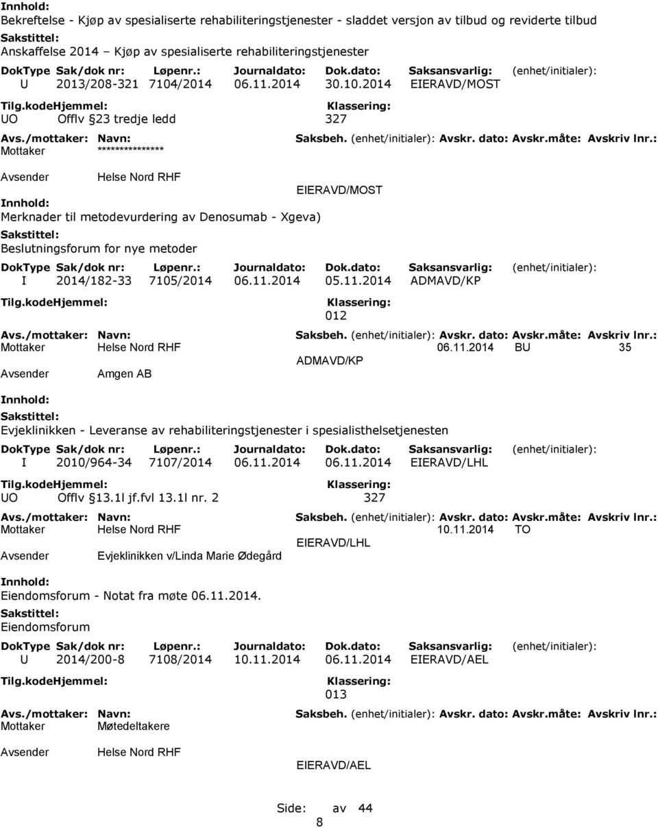 2014 EIERAVD/MOST UO Offlv 23 tredje ledd 327 Mottaker *************** EIERAVD/MOST Merknader til metodevurdering av Denosumab - Xgeva) Beslutningsforum for nye metoder I 2014/182-33 7105/2014 06.11.