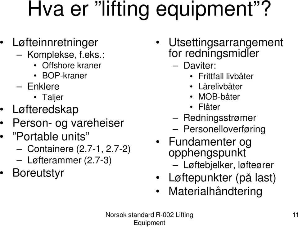 : Offshore kraner BOP-kraner Enklere Taljer Løfteredskap Person- og vareheiser Portable units Containere (2.