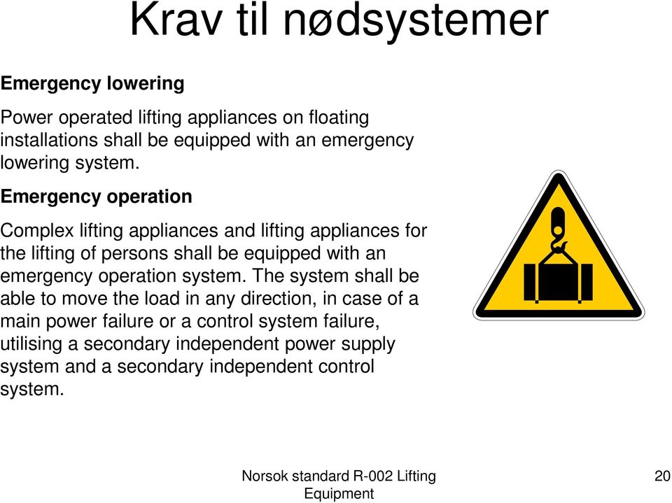 Emergency operation Complex lifting appliances and lifting appliances for the lifting of persons shall be equipped with an