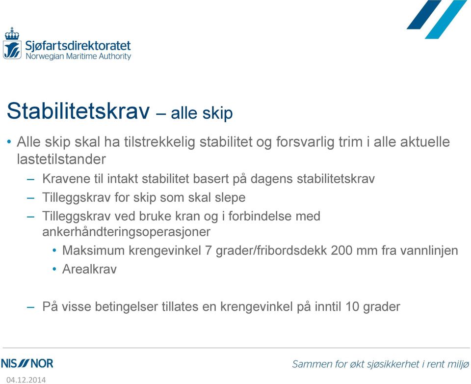 slepe Tilleggskrav ved bruke kran og i forbindelse med ankerhåndteringsoperasjoner Maksimum krengevinkel 7