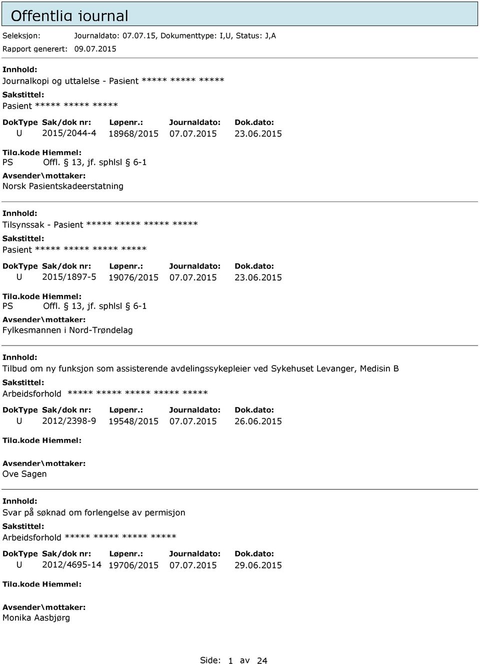 06.2015 Tilsynssak - 2015/1897-5 19076/2015 Fylkesmannen i Nord-Trøndelag 23.06.2015 Tilbud om ny funksjon som assisterende avdelingssykepleier ved Sykehuset