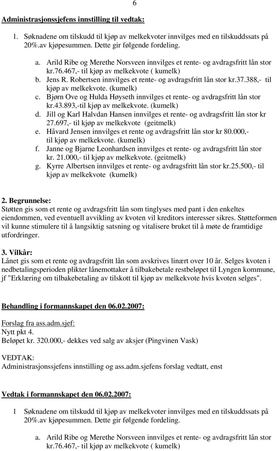 Bjørn Ove og Hulda Høyseth innvilges et rente- og avdragsfritt lån stor kr.43.893,-til kjøp av melkekvote. (kumelk) d. Jill og Karl Halvdan Hansen innvilges et rente- og avdragsfritt lån stor kr 27.