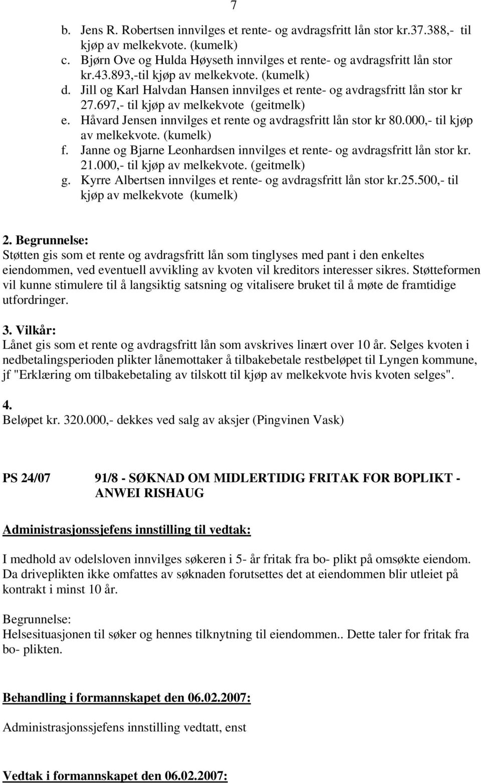 Håvard Jensen innvilges et rente og avdragsfritt lån stor kr 80.000,- til kjøp av melkekvote. (kumelk) f. Janne og Bjarne Leonhardsen innvilges et rente- og avdragsfritt lån stor kr. 21.