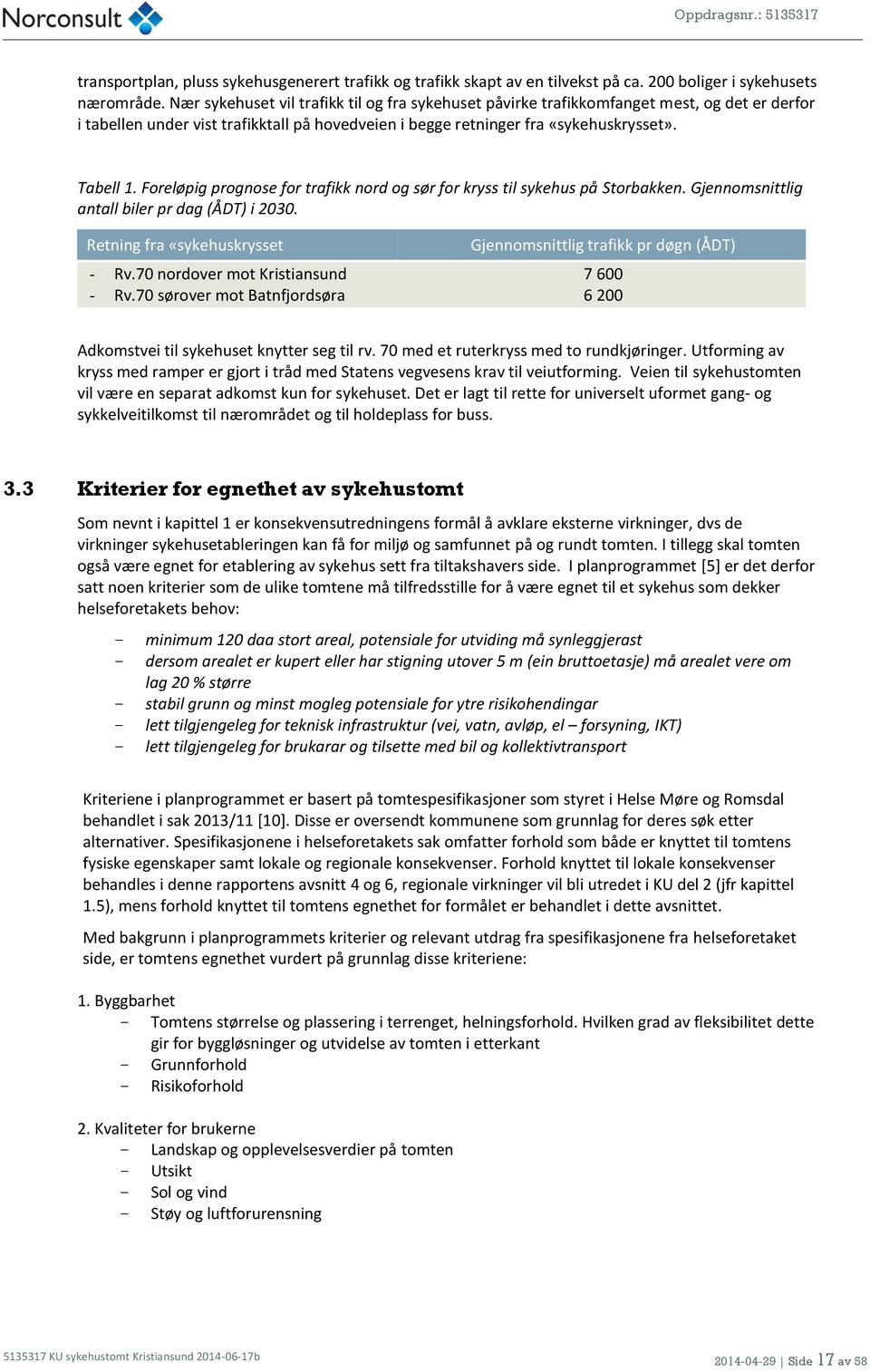 Foreløpig prognose for trafikk nord og sør for kryss til sykehus på Storbakken. Gjennomsnittlig antall biler pr dag (ÅDT) i 2030. Retning fra «sykehuskrysset - Rv.70 nordover mot Kristiansund - Rv.