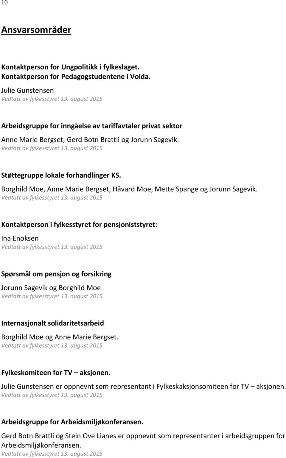 august 2015 Støttegruppe lokale forhandlinger KS. Borghild Moe, Anne Marie Bergset, Håvard Moe, Mette Spange og Jorunn Sagevik. Vedtatt av fylkesstyret 13.