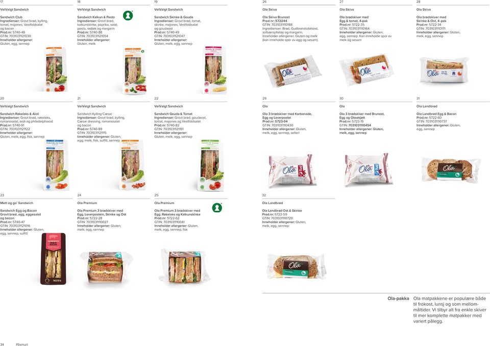 nr: 70-88 GTIN: 7000 Inneholder allergener: Gluten, melk Sandwich Skinke & Gouda Ingredienser: Grovt brød, tomat, skinke, majones, Vestfoldsalat og goudaost Prod.