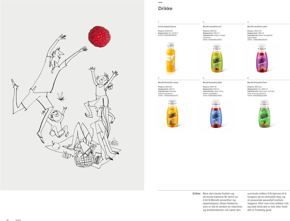 nr: 897-0 Salgsenhet: 0 ml Ingredienser: Eple, bringebær og jordbær GTIN: 700800 Bendit Smoothie Jump Prod.