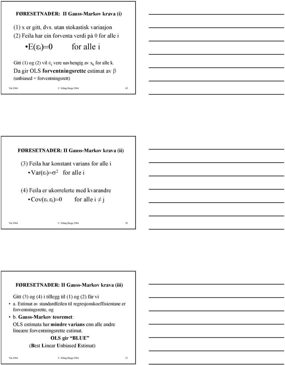 Da gir OLS forventningsrette estimat av β (unbiased = forventningsrett) Vår 24 Erling Berge 24 49 FØRESETNADER: II Gauss-Markov krava (ii) (3) Feila har konstant varians for alle i Var(εi)=σ 2 for