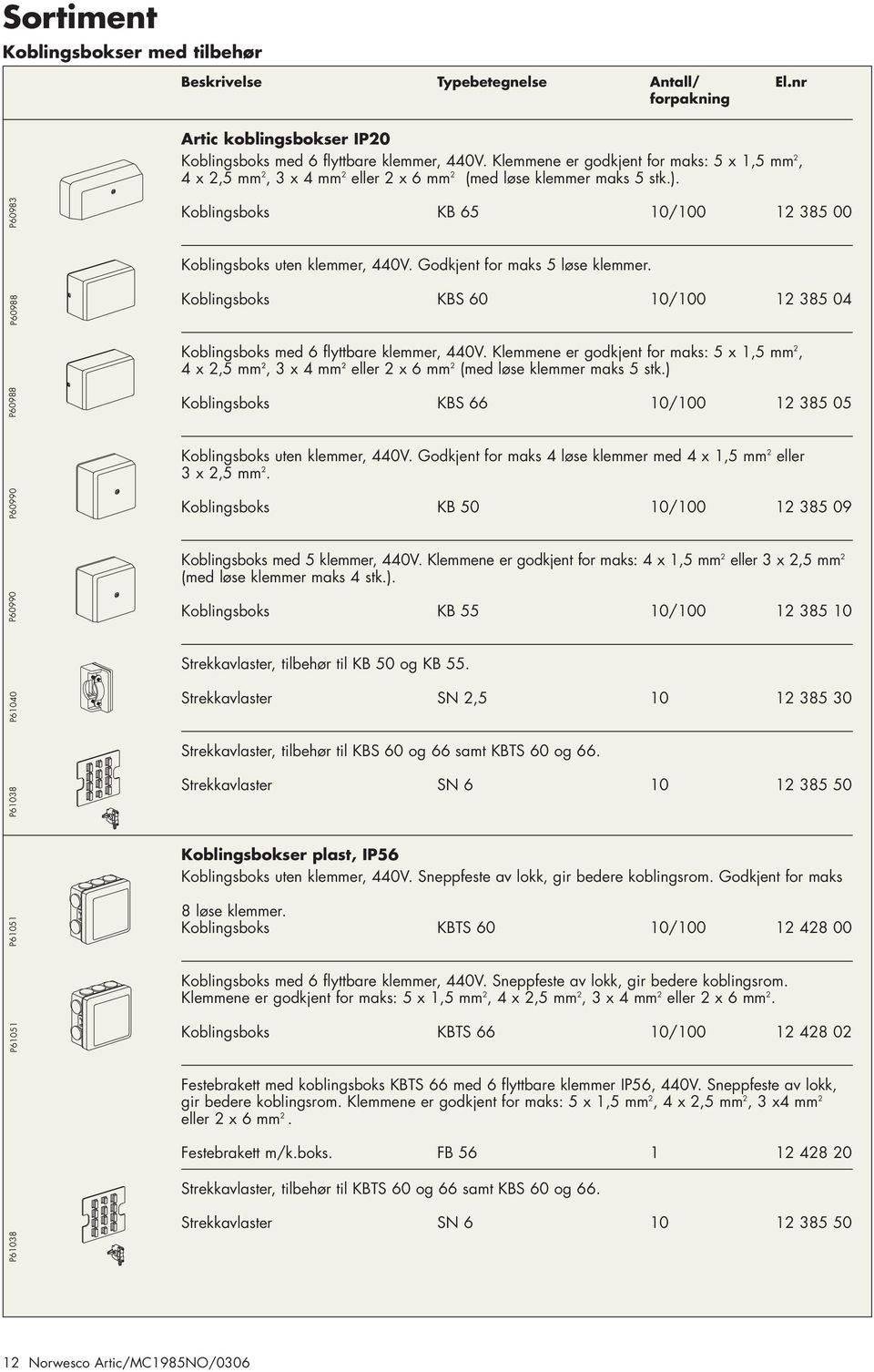 Godkjent for maks 5 løse klemmer. P60988 Koblingsboks KBS 60 10/100 12 385 04 Koblingsboks med 6 flyttbare klemmer, 440V.