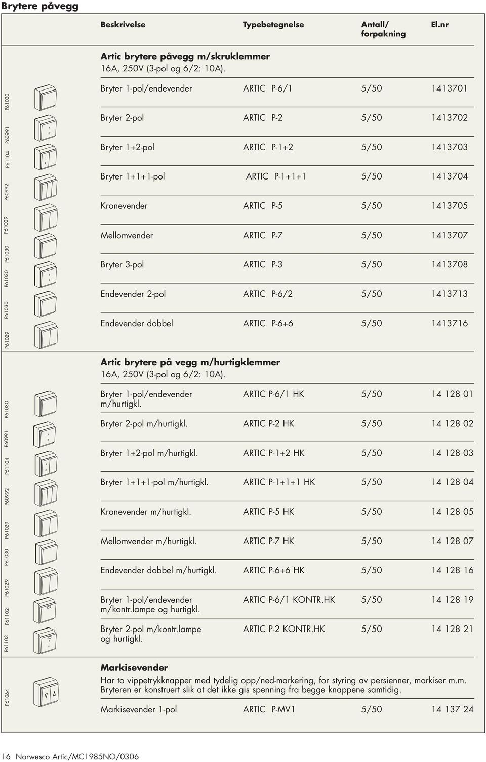 ARTIC P-2 5/50 1413702 Bryter 1+2-pol ARTIC P-1+2 5/50 1413703 Bryter 1+1+1-pol ARTIC P-1+1+1 5/50 1413704 Kronevender ARTIC P-5 5/50 1413705 Mellomvender ARTIC P-7 5/50 1413707 Bryter 3-pol ARTIC