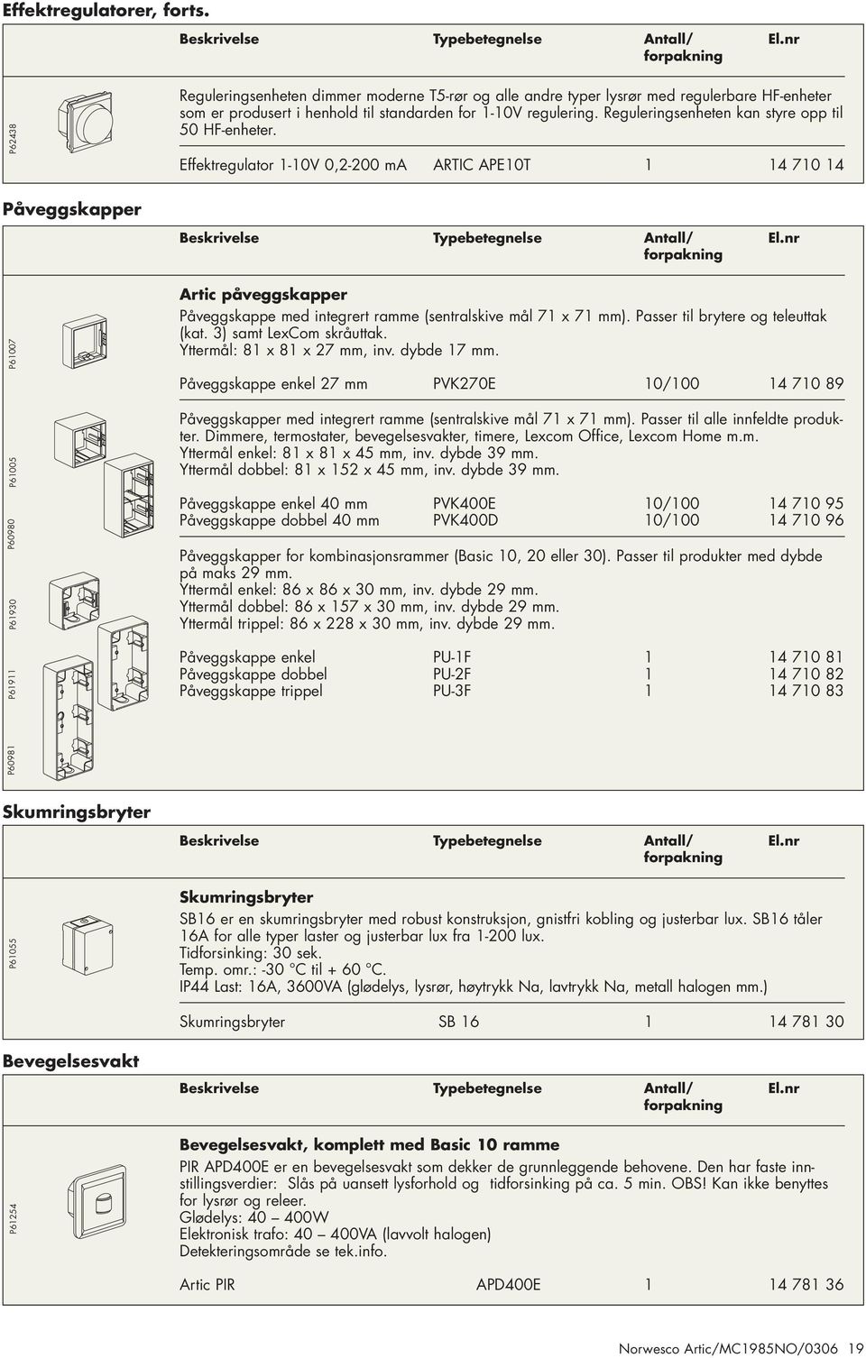 Effektregulator 1-10V 0,2-200 ma ARTIC APE10T 1 14 710 14 Påveggskapper P61007 P61930 P60980 P61005 P61911 Artic påveggskapper Påveggskappe med integrert ramme (sentralskive mål 71 x 71 mm).