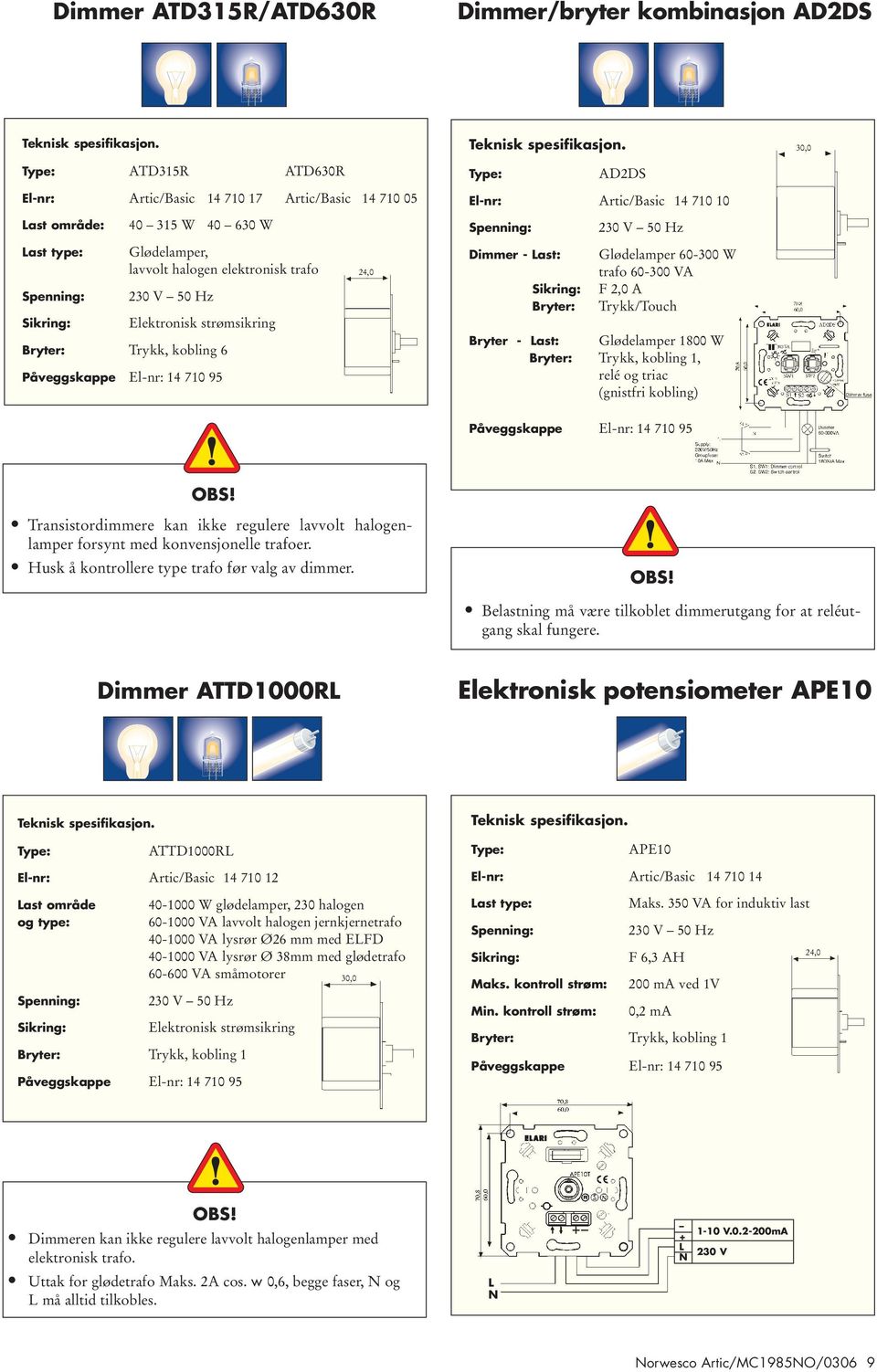 Elektronisk strømsikring Bryter: Trykk, kobling 6 Påveggskappe El-nr: 14 710 95 24,0 Teknisk spesifikasjon.