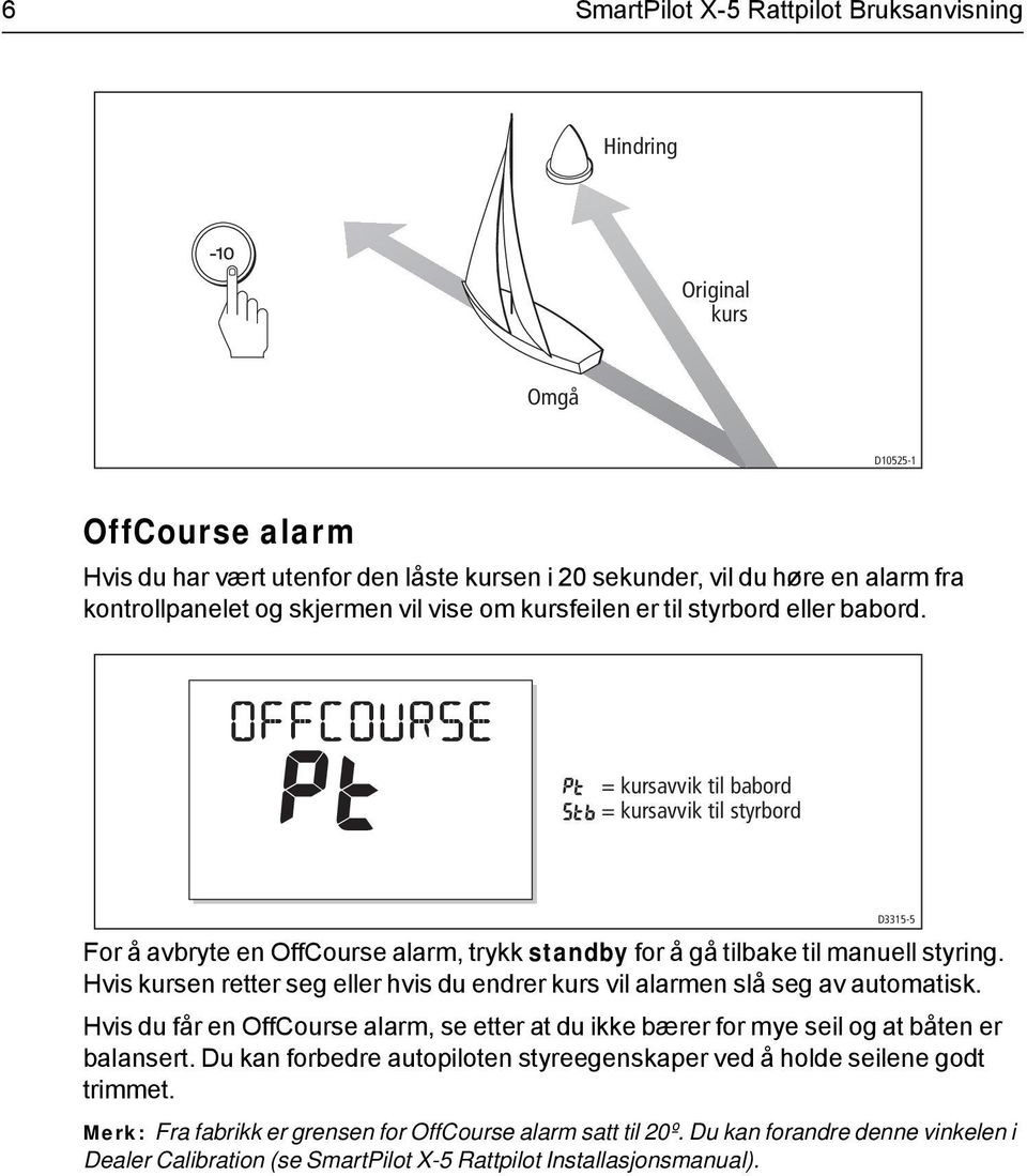 Hvis kursen retter seg eller hvis du endrer kurs vil alarmen slå seg av automatisk. Hvis du får en OffCourse alarm, se etter at du ikke bærer for mye seil og at båten er balansert.