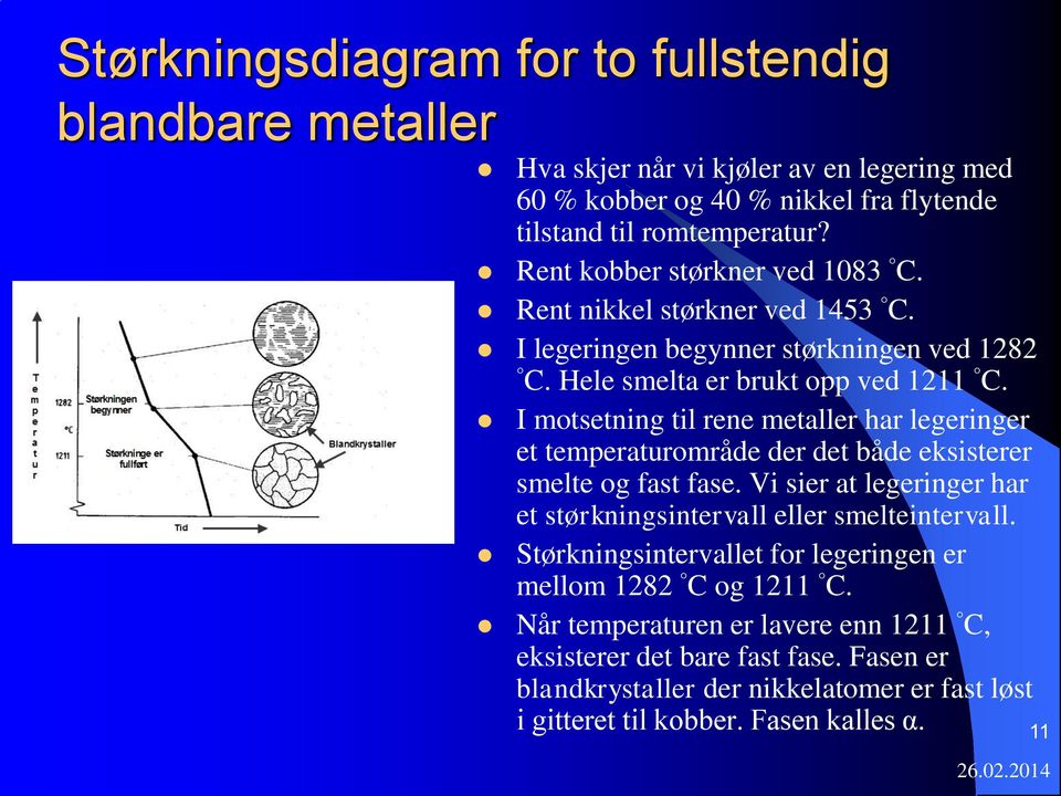 I motsetning til rene metaller har legeringer et temperaturområde der det både eksisterer smelte og fast fase. Vi sier at legeringer har et størkningsintervall eller smelteintervall.