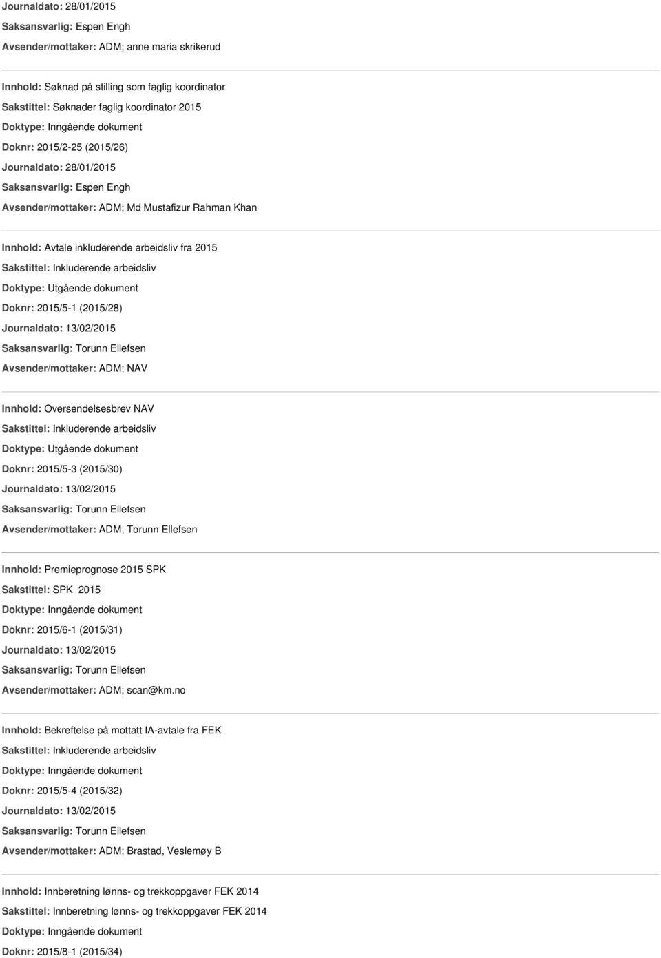 (2015/30) Avsender/mottaker: ADM; Torunn Ellefsen Innhold: Premieprognose 2015 SPK Sakstittel: SPK 2015 Doknr: 2015/6-1 (2015/31) Avsender/mottaker: ADM; scan@km.