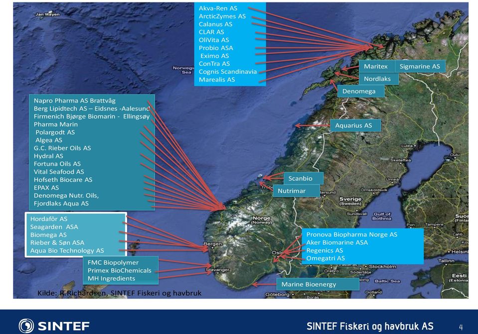 Oils, Fjordlaks Aqua AS Akva-Ren AS ArcticZymes AS Calanus AS CLAR AS OliVita AS Probio ASA Eximo AS ConTra AS Cognis Scandinavia Marealis AS Scanbio Nutrimar Maritex Nordlaks Denomega