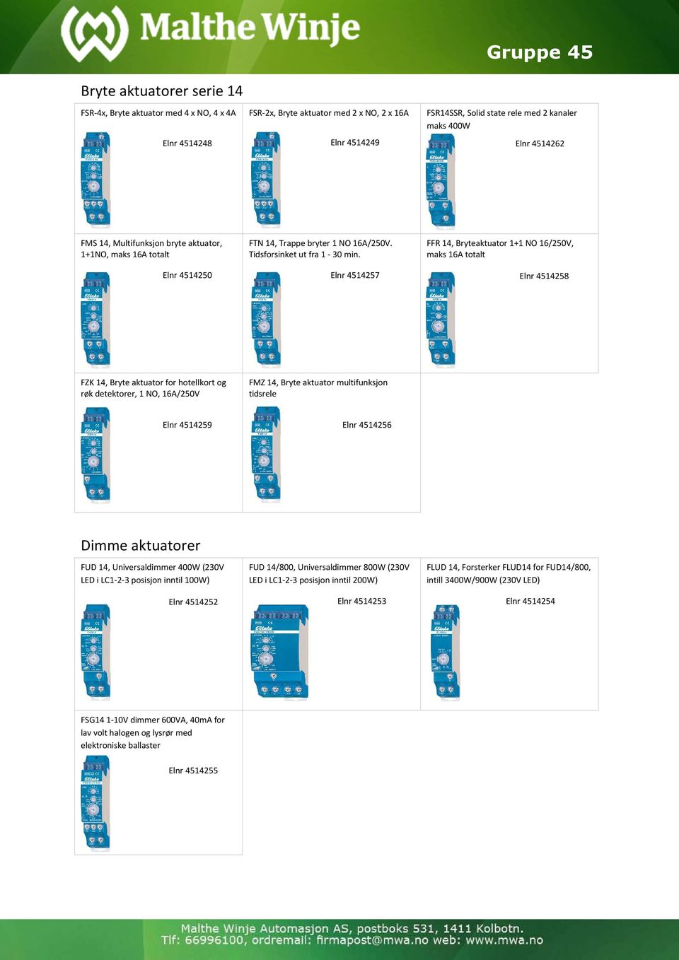 FFR 14, Bryteaktuator 1+1 NO 16/250V, maks 16A totalt Elnr 4514250 Elnr 4514257 Elnr 4514258 FZK 14, Bryte aktuator for hotellkort og røk detektorer, 1 NO, 16A/250V FMZ 14, Bryte aktuator