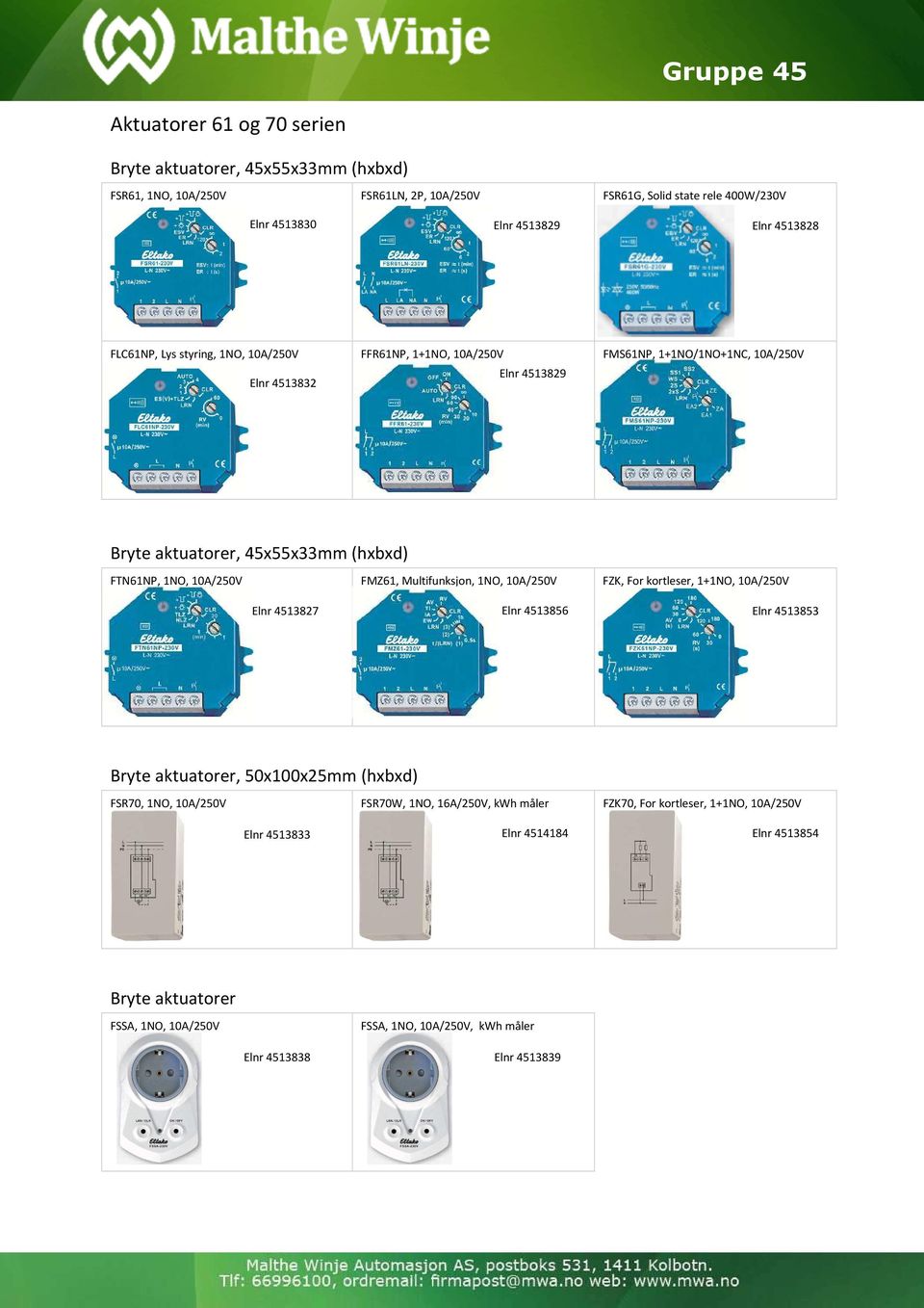 FMZ61, Multifunksjon, 1NO, 10A/250V FZK, For kortleser, 1+1NO, 10A/250V Elnr 4513827 Elnr 4513856 Elnr 4513853 Bryte aktuatorer, 50x100x25mm (hxbxd) FSR70, 1NO, 10A/250V FSR70W, 1NO,