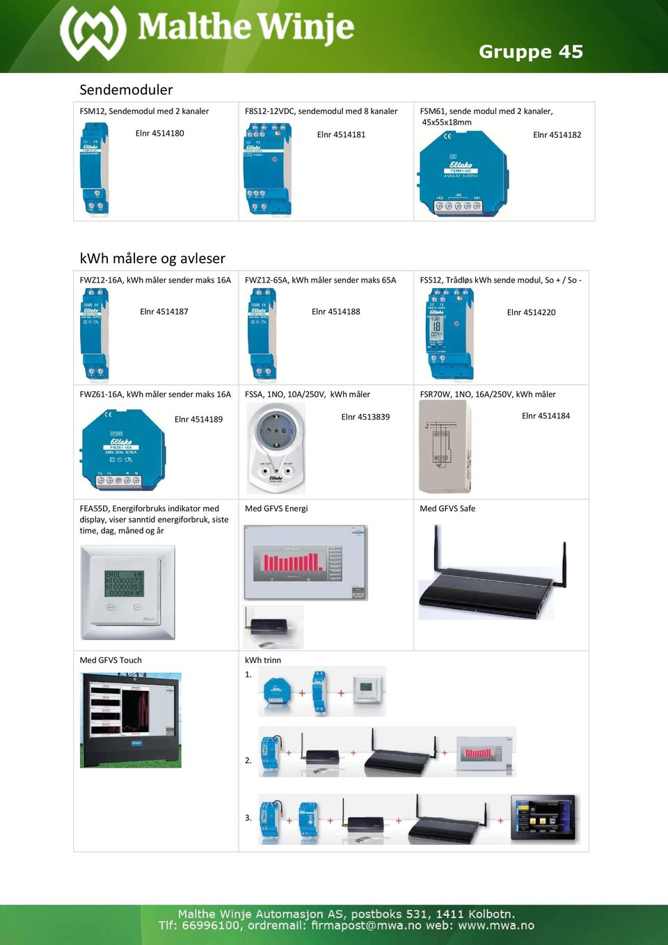 Elnr 4514188 Elnr 4514220 FWZ61-16A, kwh måler sender maks 16A FSSA, 1NO, 10A/250V, kwh måler FSR70W, 1NO, 16A/250V, kwh måler Elnr 4514189 Elnr 4513839 Elnr