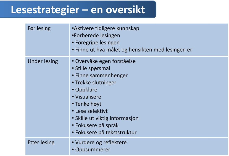 Stille spørsmål Finne sammenhenger Trekke slutninger Oppklare Visualisere Tenke høyt Lese selektivt