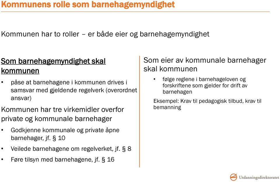 kommunale og private åpne barnehager, jf. 10 Veilede barnehagene om regelverket, jf. 8 Føre tilsyn med barnehagene, jf.