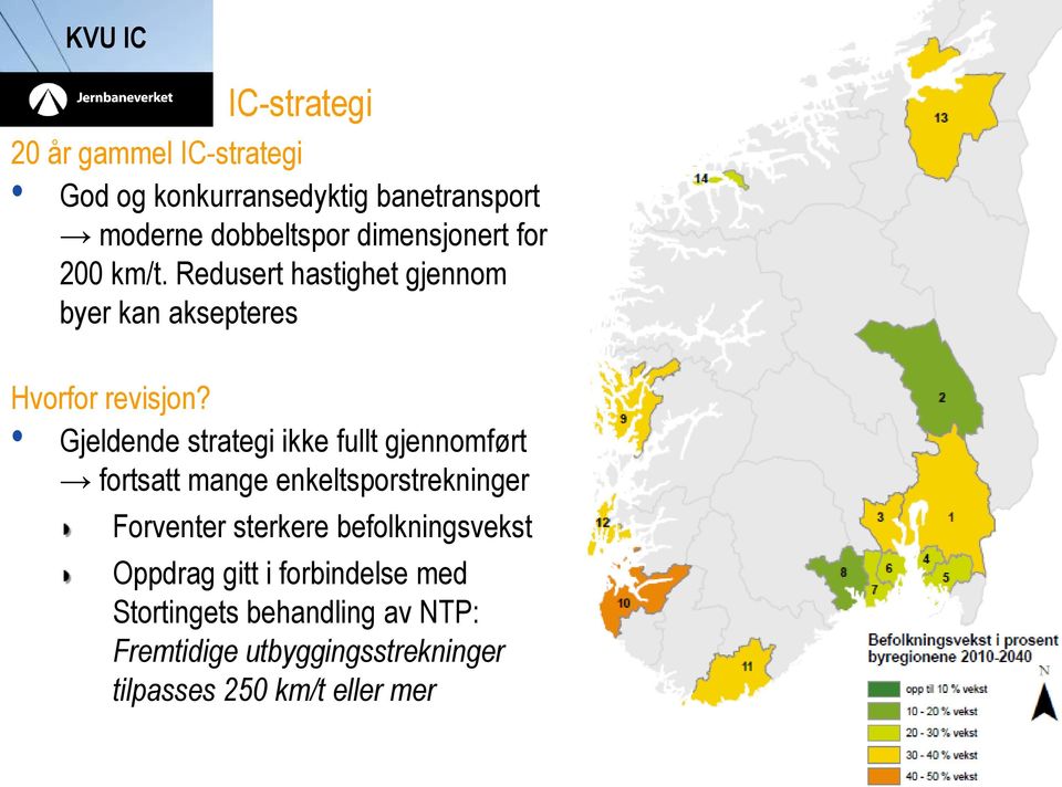 Gjeldende strategi ikke fullt gjennomført fortsatt mange enkeltsporstrekninger Forventer sterkere