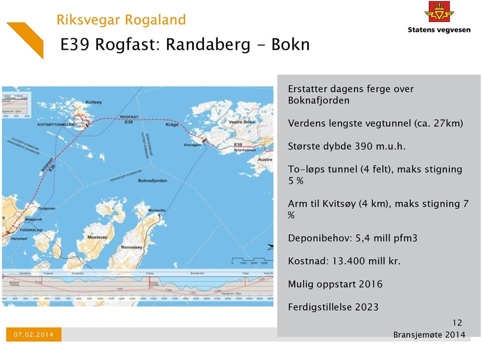 To-løps tunnel (4 felt), maks stigning 5 % Arm til Kvitsøy (4 km), maks stigning 7