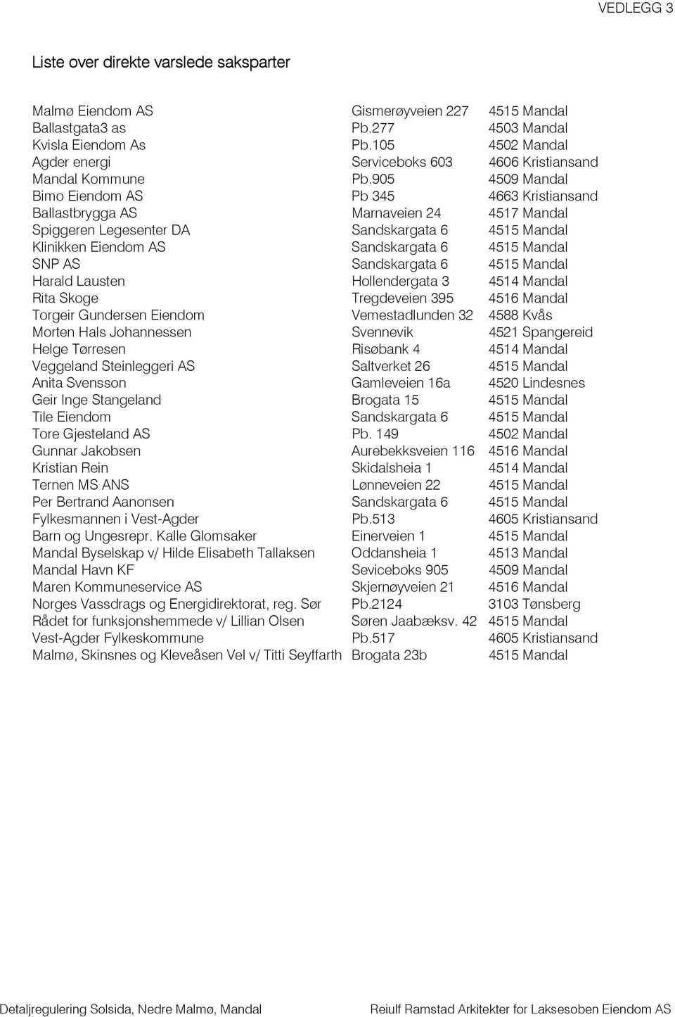 905 4509 Mandal Bimo Eiendom AS Pb 345 4663 Kristiansand Ballastbrygga AS Marnaveien 24 4517 Mandal Spiggeren Legesenter DA Sandskargata 6 4515 Mandal Klinikken Eiendom AS Sandskargata 6 4515 Mandal