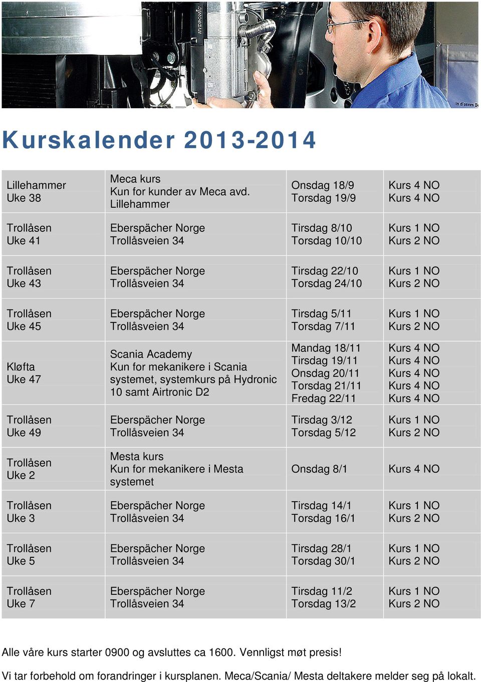 Scania systemet, systemkurs på Hydronic 10 samt Airtronic D2 Mandag 18/11 Tirsdag 19/11 Onsdag 20/11 Torsdag 21/11 Fredag 22/11 Uke 49 Tirsdag 3/12 Torsdag 5/12 Uke 2 Mesta kurs Kun for