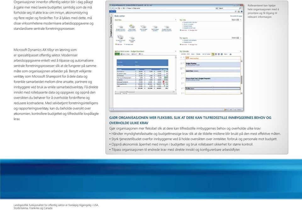 Rollesenteret kan hjelpe hele organisasjonen med å prioritere og få tilgang til relevant informasjon Microsoft Dynamics AX tilbyr en løsning som er spesialtilpasset offentlig sektor.