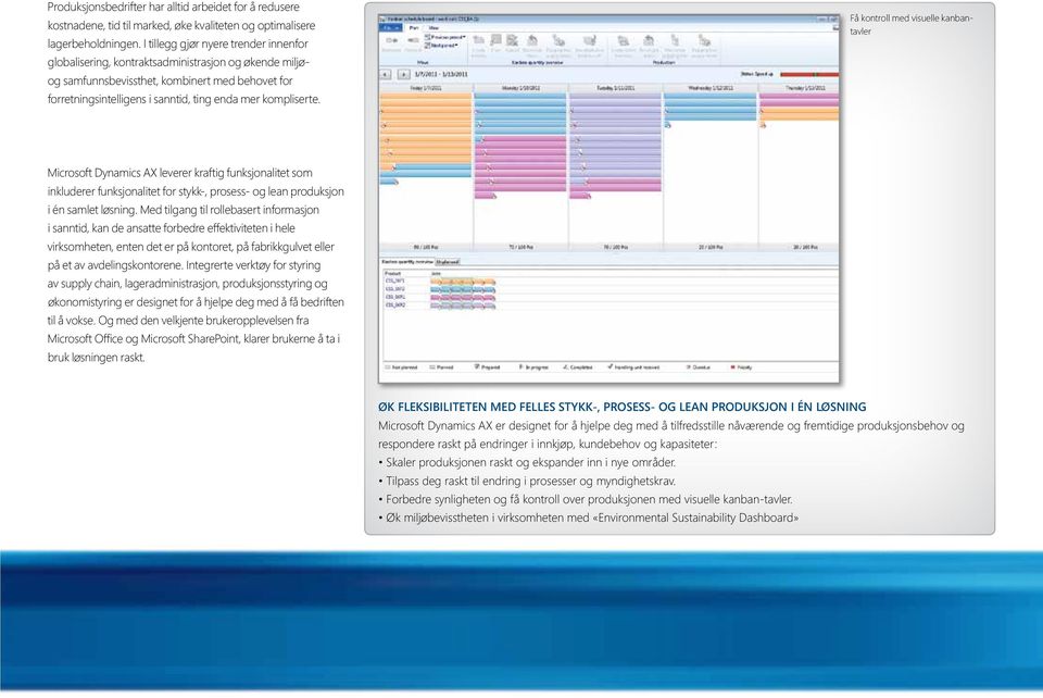 kompliserte. Få kontroll med visuelle kanbantavler Microsoft Dynamics AX leverer kraftig funksjonalitet som inkluderer funksjonalitet for stykk-, prosess- og lean produksjon i én samlet løsning.