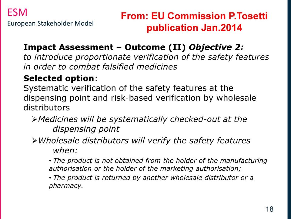 option: Systematic verification of the safety features at the dispensing point and risk-based verification by wholesale distributors Medicines will be systematically
