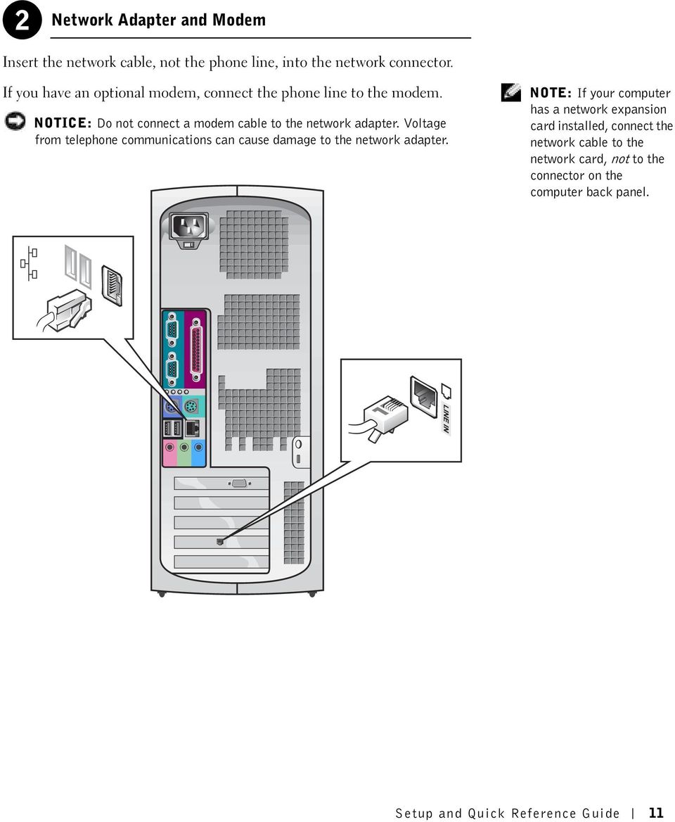 NOTICE: Do not connect a modem cable to the network adapter.