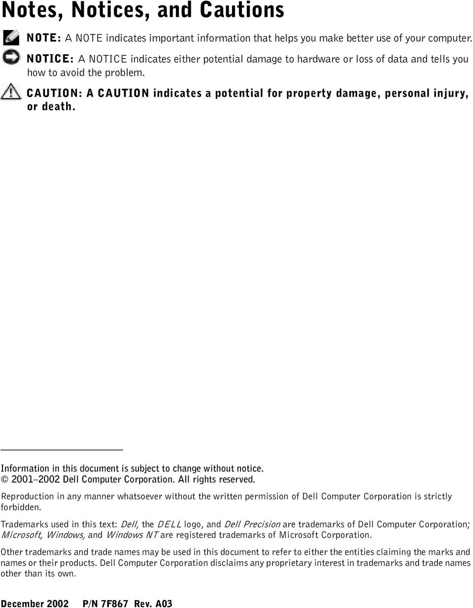 CAUTION: A CAUTION indicates a potential for property damage, personal injury, or death. Information in this document is subject to change without notice. 2001 2002 Dell Computer Corporation.