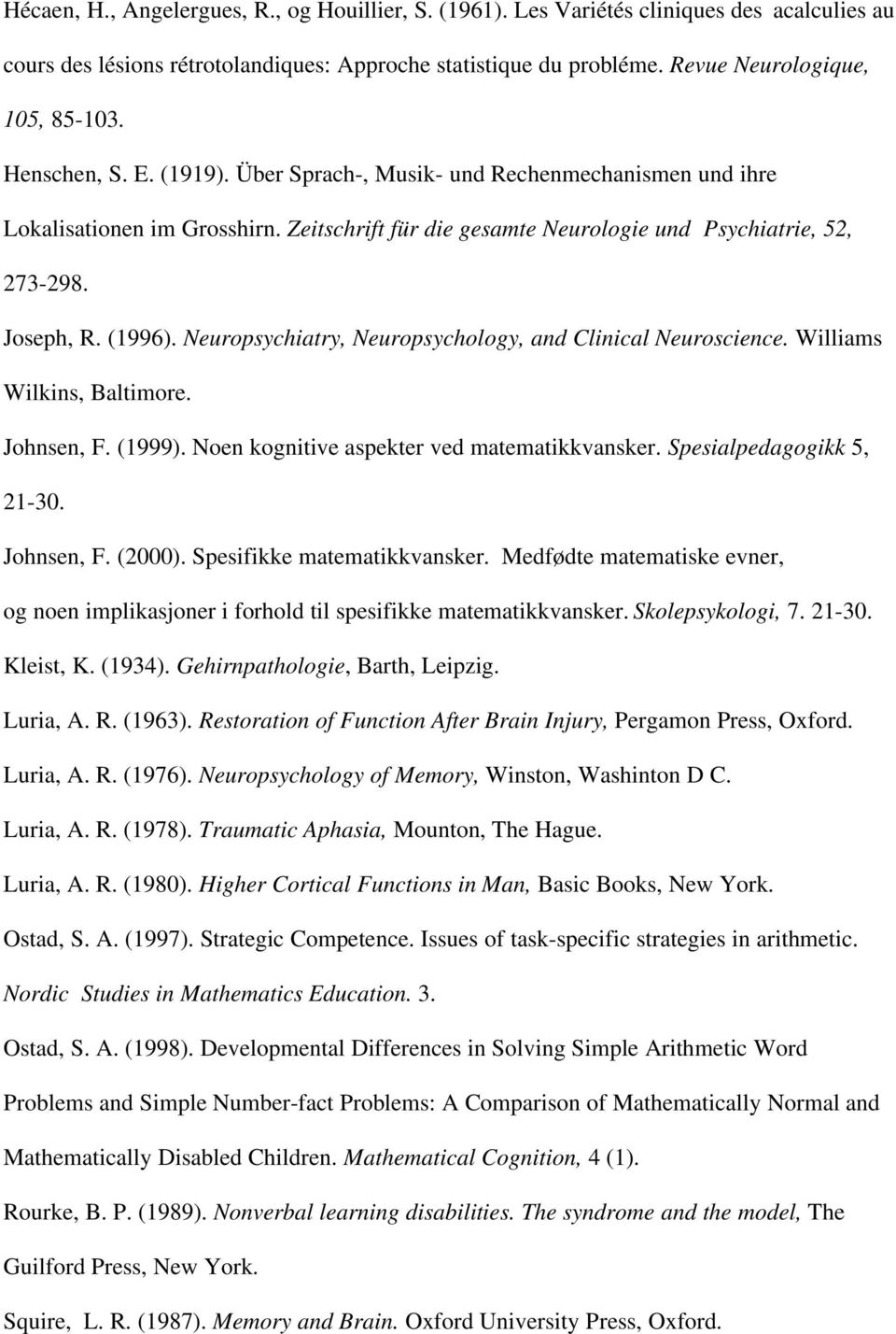 Neuropsychiatry, Neuropsychology, and Clinical Neuroscience. Williams Wilkins, Baltimore. Johnsen, F. (1999). Noen kognitive aspekter ved matematikkvansker. Spesialpedagogikk 5, 21-30. Johnsen, F. (2000).